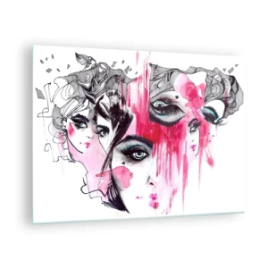 Tablou pe sticlă - Fețe feminine abstracte cu accente roz într-un stil de schiță. - 70x50cm - Ochii abstracți - Decorațiune modernă pentru perete pentru living și dormitor ARTTOR