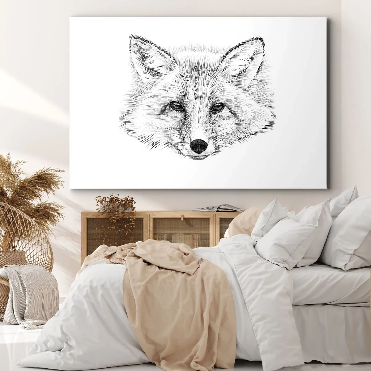 Tablou pe pânză Canvas - Desen alb-negru al unui cap de vulpe pe fundal alb - 70x50cm - Oare acești ochi pot minți? - Decorațiune modernă pentru perete pentru living și dormitor ARTTOR