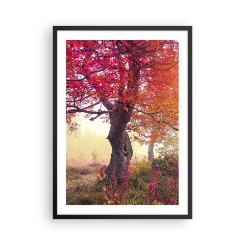 Poster în ramă neagră - Un copac cu frunze roșii într-un peisaj de toamnă - 50x70cm - O frenezie de înflorire - Decorațiune modernă pentru perete pentru living și dormitor ARTTOR