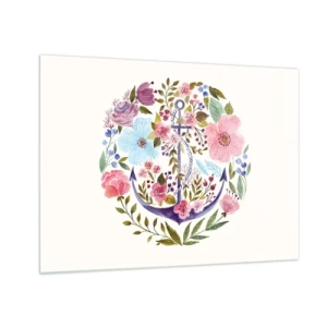 Tablou pe sticlă - O ancoră înconjurată de flori colorate în acuarelă - 70x50cm - Somnul bun al marinarului - Decorațiune modernă pentru perete pentru living și dormitor ARTTOR