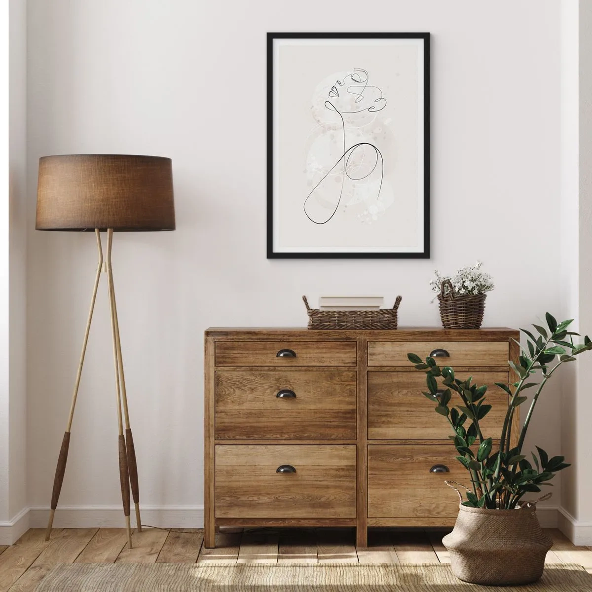 Poster în ramă neagră - Linia de contur a figurii pe fundalul unor forme pastelate delicate - 50x70cm - Spirala frumuseții - Decorațiune modernă pentru perete pentru living și dormitor ARTTOR