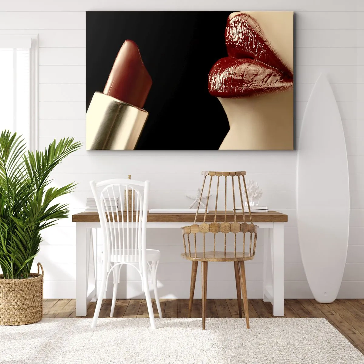 Tablou pe pânză Canvas - Buze roșii și ruj pe fundal negru - 70x50cm - Senzualitatea și strălucirea carminului - Decorațiune modernă pentru perete pentru living și dormitor ARTTOR