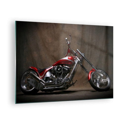 Tablou pe sticlă - Motocicletă personalizată roșie pe un fundal întunecat - 70x50cm - Frumusețea în roșu și argintiu - Decorațiune modernă pentru perete pentru living și dormitor ARTTOR