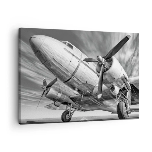 Tablou pe pânză Canvas - O imagine alb-negru a unui avion clasic cu detalii structurale vizibile. - 70x50cm - Întotdeauna gata de zbor - Decorațiune modernă pentru perete pentru living și dormitor ARTTOR