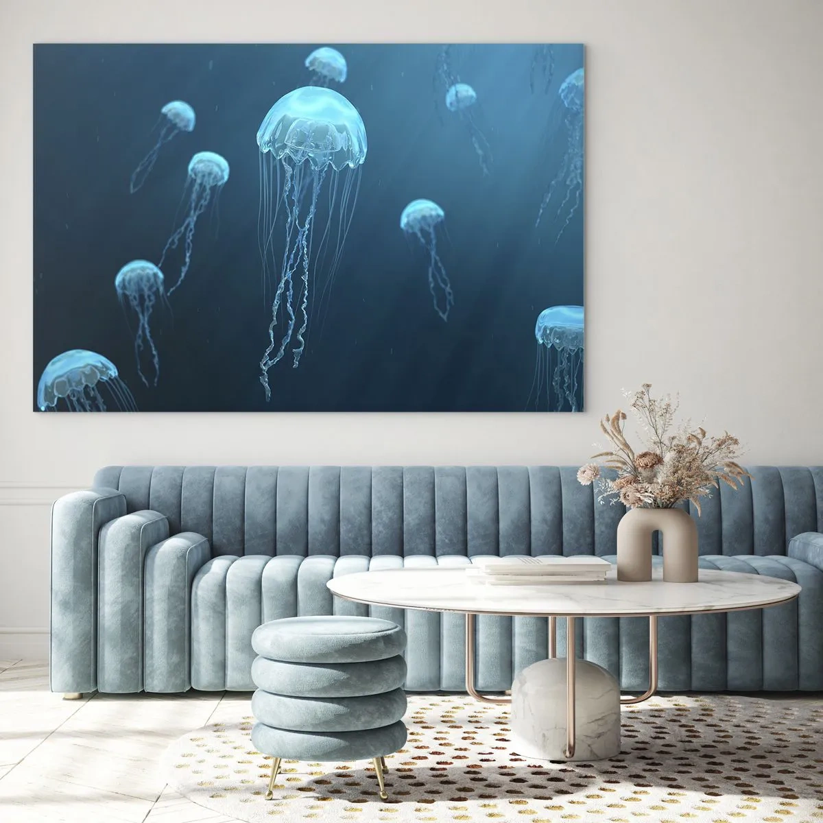 Tablou pe sticlă - Meduze plutind în oceanul albastru adânc - 70x50cm - Dansul oceanic - Decorațiune modernă pentru perete pentru living și dormitor ARTTOR