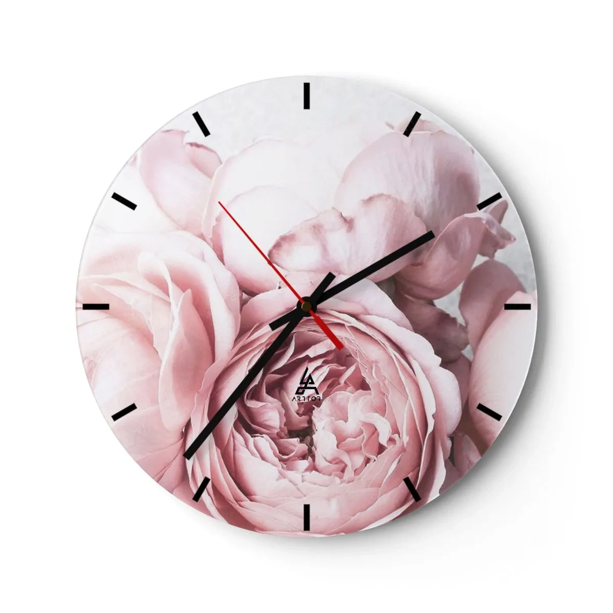 Ceas de perete - Ceas pe sticlă - Bujori roz delicați în prim-plan - 30x30cm - Pentru romantici - Decorațiune modernă pentru perete pentru living, bucătărie și dormitor ARTTOR