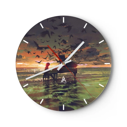 Ceas de perete - Ceas pe sticlă - Un pianist cântând pe fundalul unui apus de soare - 30x30cm - Concert pentru pian și valuri - Decorațiune modernă pentru perete pentru living, bucătărie și dormitor ARTTOR