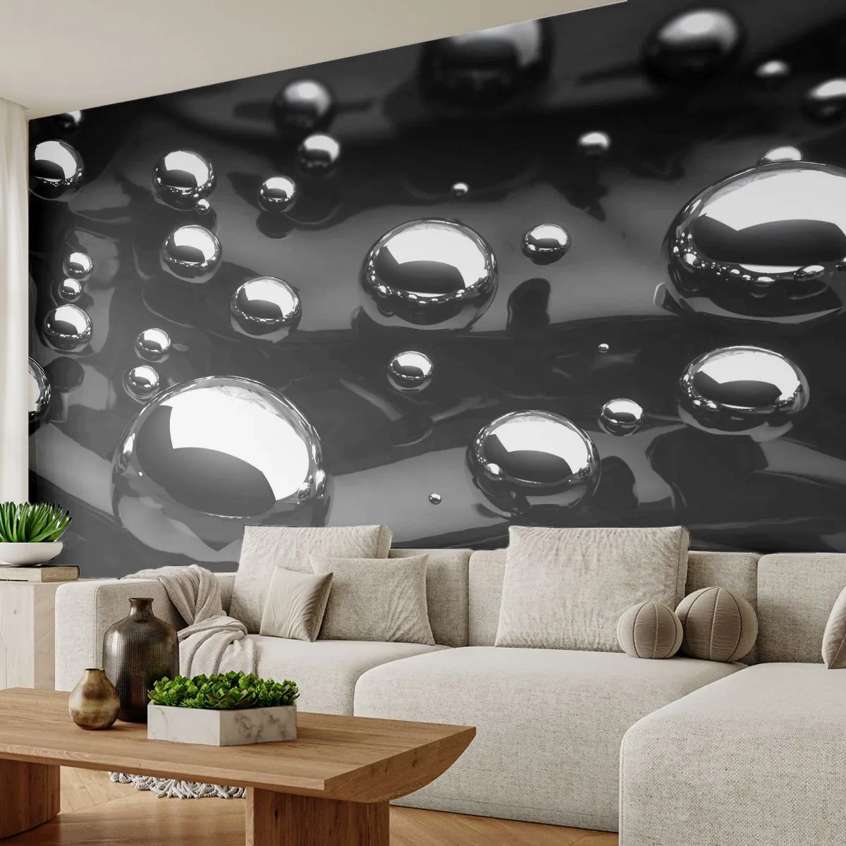 Tapet Premium Canvas - Din adâncurile negre - Abstracția, Mingi cromate, 3D - 250x175 cm