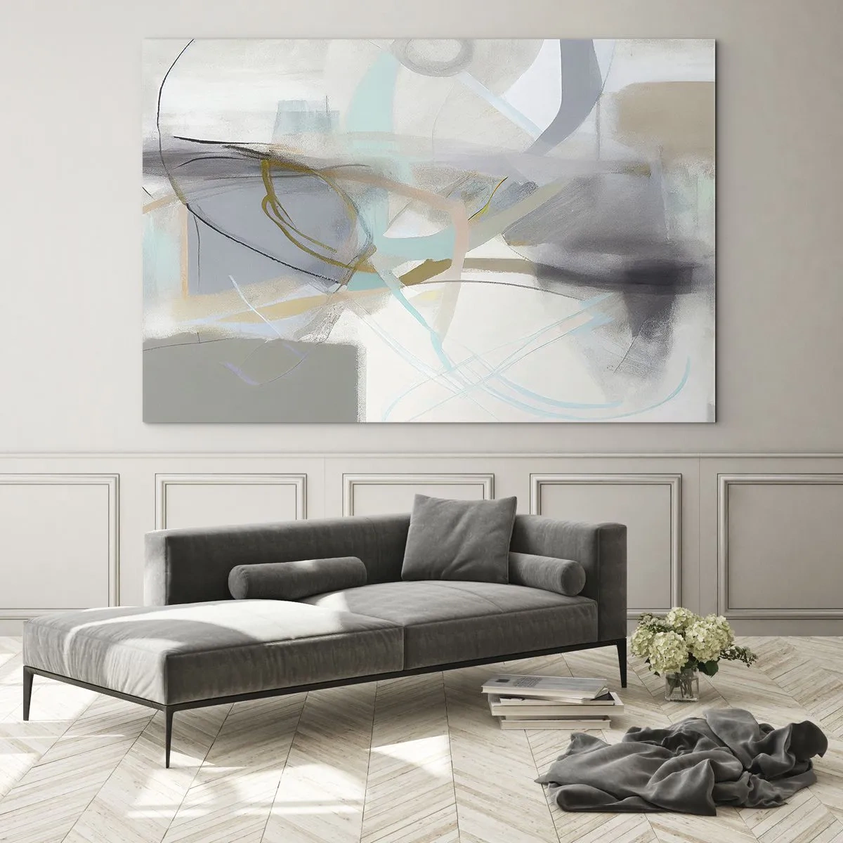 Tablou pe sticlă - O abstracție cețoasă cu accente pastelate și grafit. - 70x50cm - Abstracție cețoasă - Decorațiune modernă pentru perete pentru living și dormitor ARTTOR