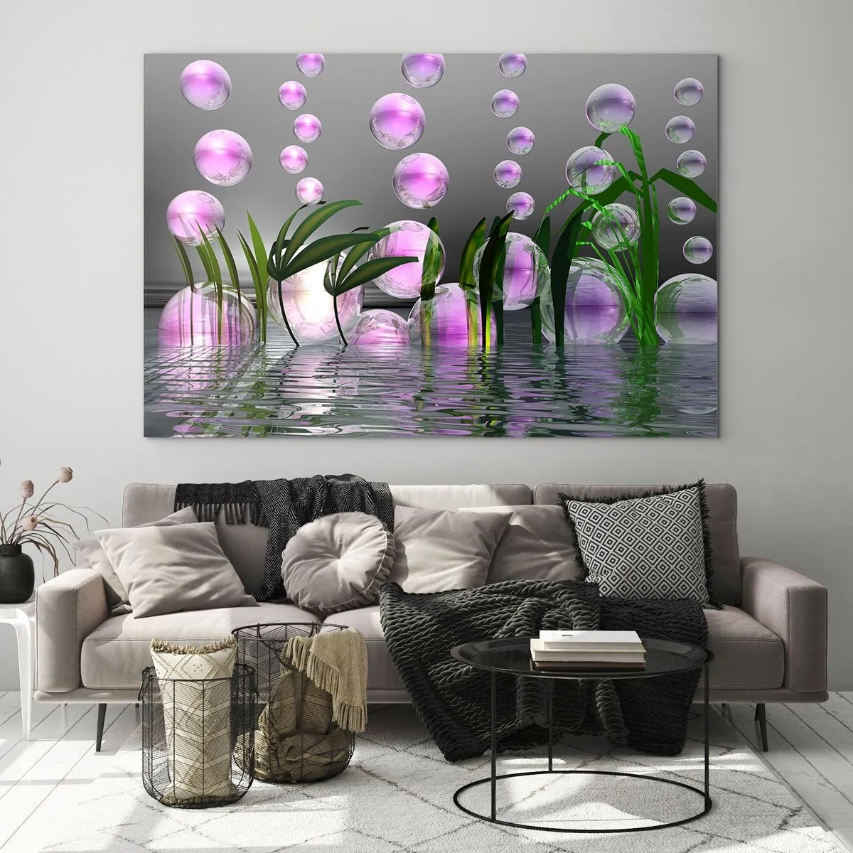 Tablou pe sticlă - Bule violete plutitoare deasupra apei cu plante - 70x50cm - O compoziție reflexivă de luminozitate și viață - Decorațiune modernă pentru perete pentru living și dormitor ARTTOR