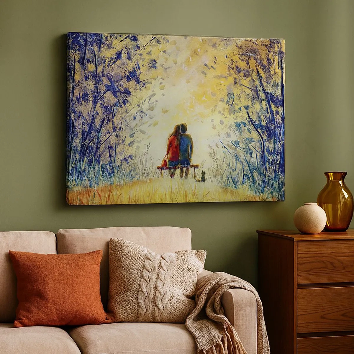Tablou pe pânză Canvas - Un cuplu stând pe o bancă printre copacii de toamnă, în lumina soarelui - 70x50cm - Un moment magic - Decorațiune modernă pentru perete pentru living și dormitor ARTTOR