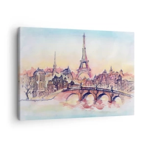 Tablou pe pânză Canvas - Panoramă în acuarelă a Parisului cu Turnul Eiffel la apus - 70x50cm - Singurul oraș de acest fel din lume - Decorațiune modernă pentru perete pentru living și dormitor ARTTOR