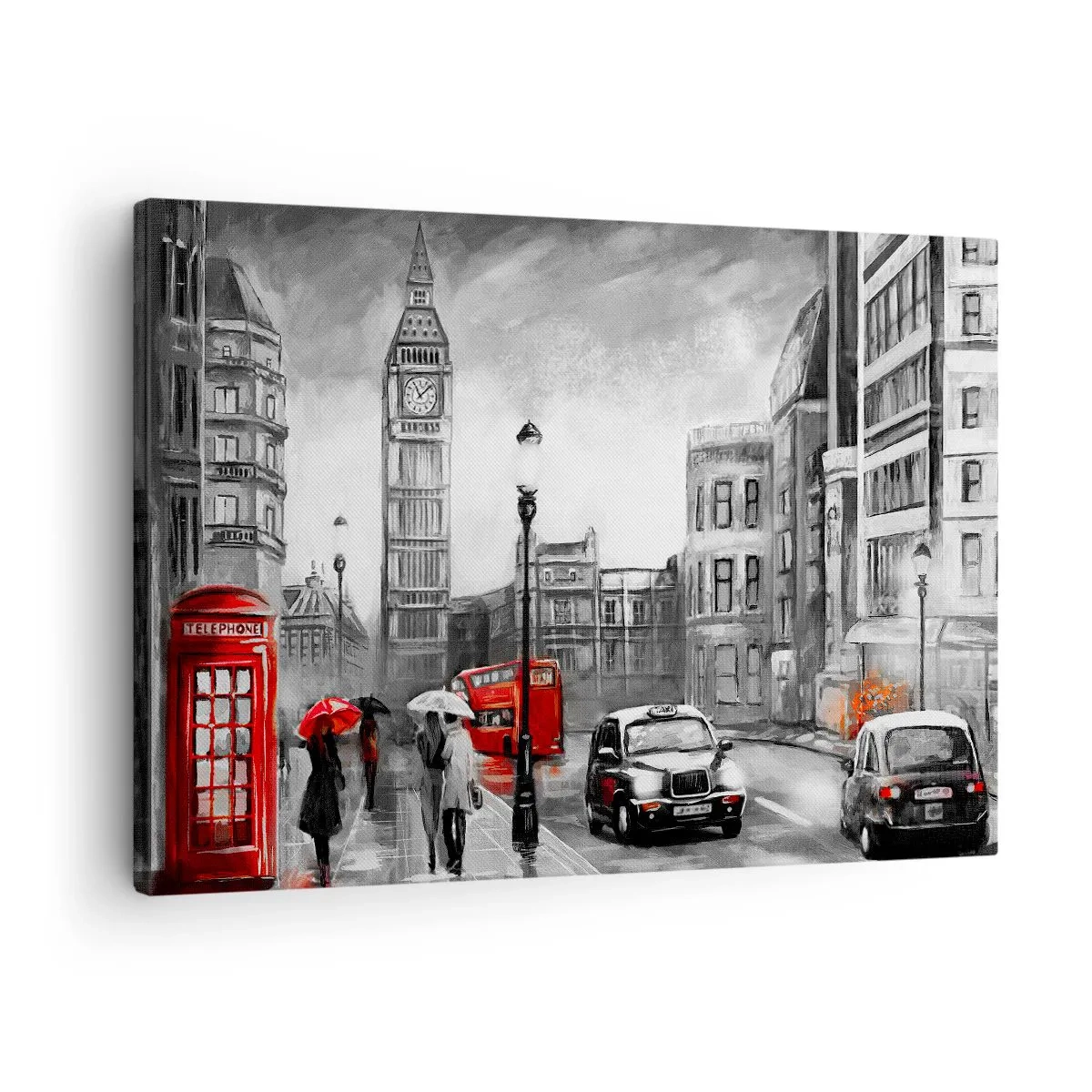 Tablou pe pânză Canvas - O scenă londoneză în alb și negru cu accente roșii - 70x50cm - Nu este deloc un oraș gri - Decorațiune modernă pentru perete pentru living și dormitor ARTTOR