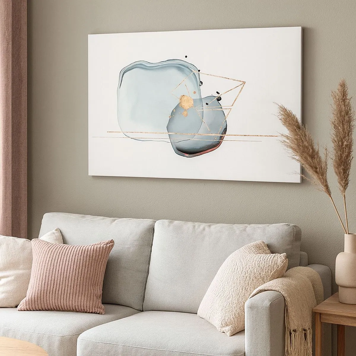 Tablou pe pânză Canvas - Forme abstracte în nuanțe de albastru și auriu pe fundal alb - 70x50cm - Studiul picăturii - Decorațiune modernă pentru perete pentru living și dormitor ARTTOR