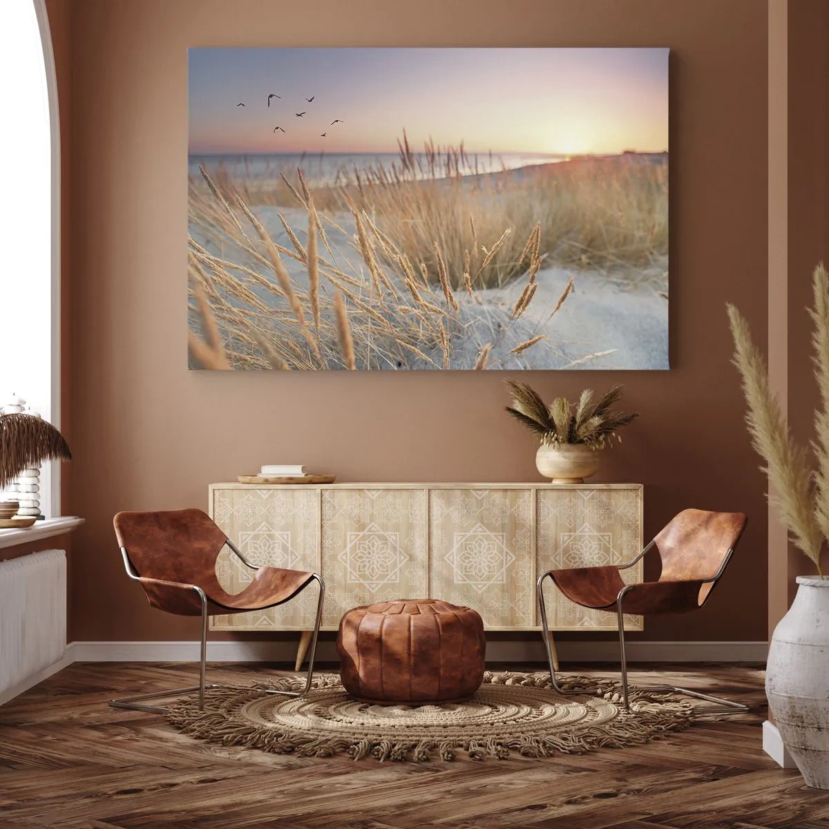 Tablou pe pânză Canvas - Plajă la apus cu ierburi înalte - 70x50cm - Cântec de leagăn baltic - Decorațiune modernă pentru perete pentru living și dormitor ARTTOR