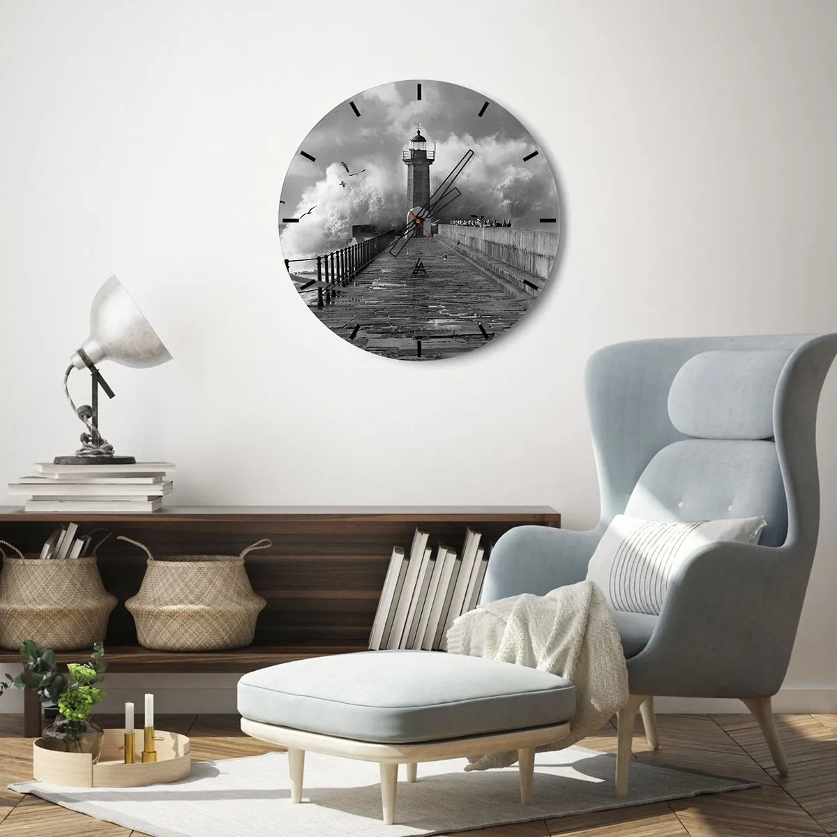 Ceas de perete - Ceas pe sticlă - Un far pe fundalul valurilor agitate și al pescărușilor - 30x30cm - Fără frică - Decorațiune modernă pentru perete pentru living, bucătărie și dormitor ARTTOR