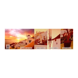 Mostră tapet Premium Canvas - Dizolvându-se în alb și auriu - Peisaj, Santorini, Grecia - 100x30 cm