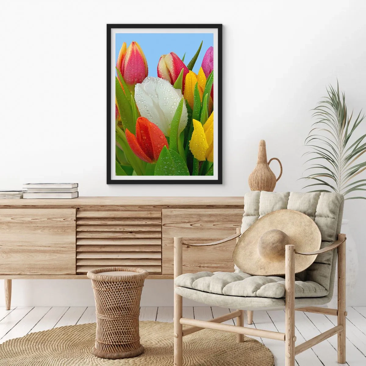 Poster în ramă neagră - Un curcubeu floral în picături de rouă - 30x40 cm