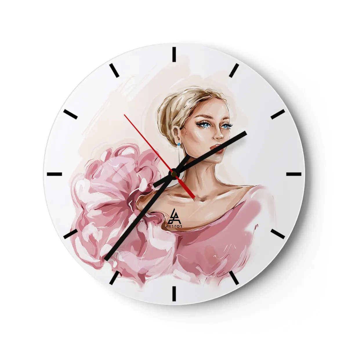 Ceas de perete - Ceas pe sticlă - Portret stilizat al unei femei într-o rochie roz pe fundal alb - 30x30cm - Așa cum a fost pictată... - Decorațiune modernă pentru perete pentru living, bucătărie și dormitor ARTTOR