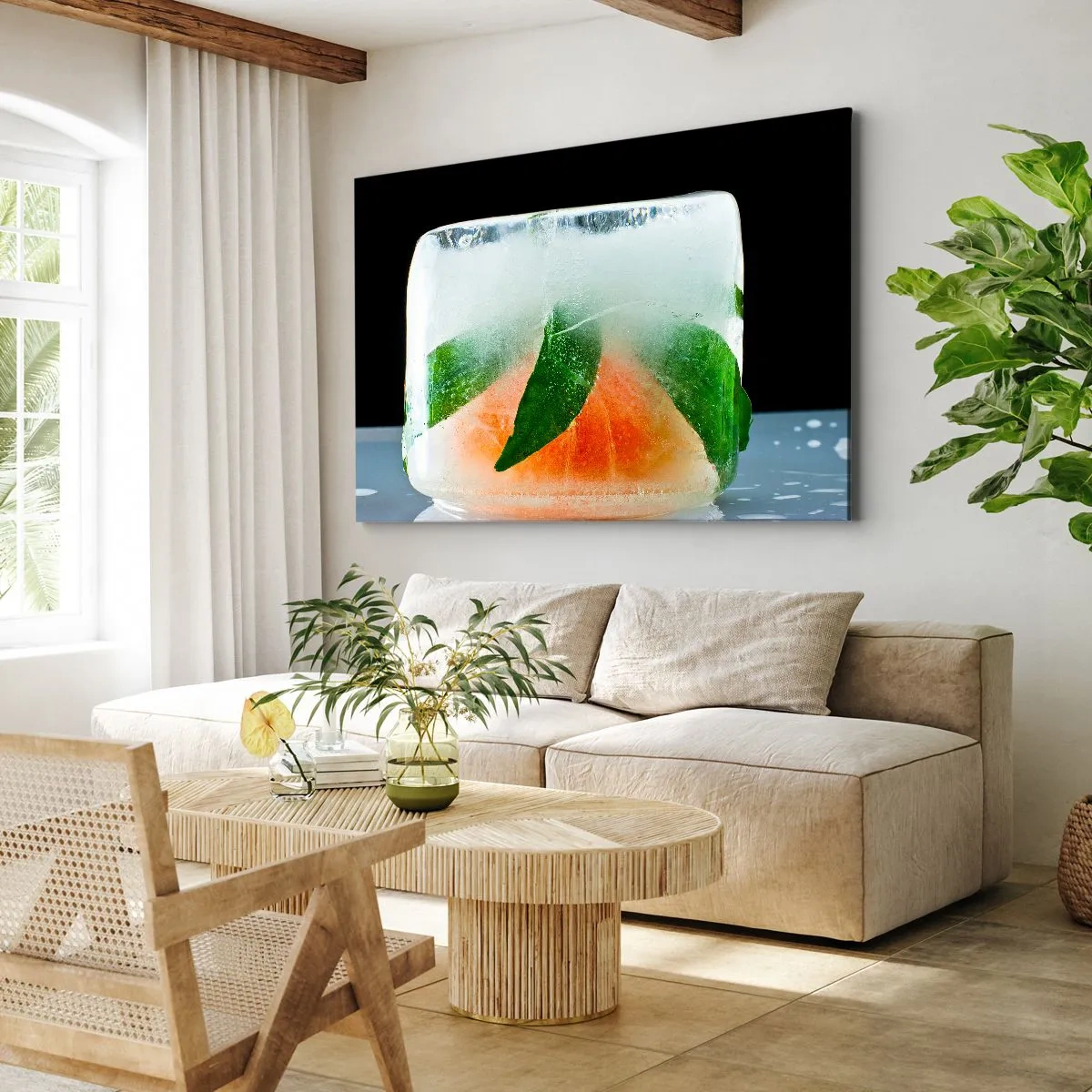 Tablou pe pânză Canvas - Cub de gheață cu portocale și frunze - 70x50cm - Proaspăt și răcoros - Decorațiune modernă pentru perete pentru living și dormitor ARTTOR