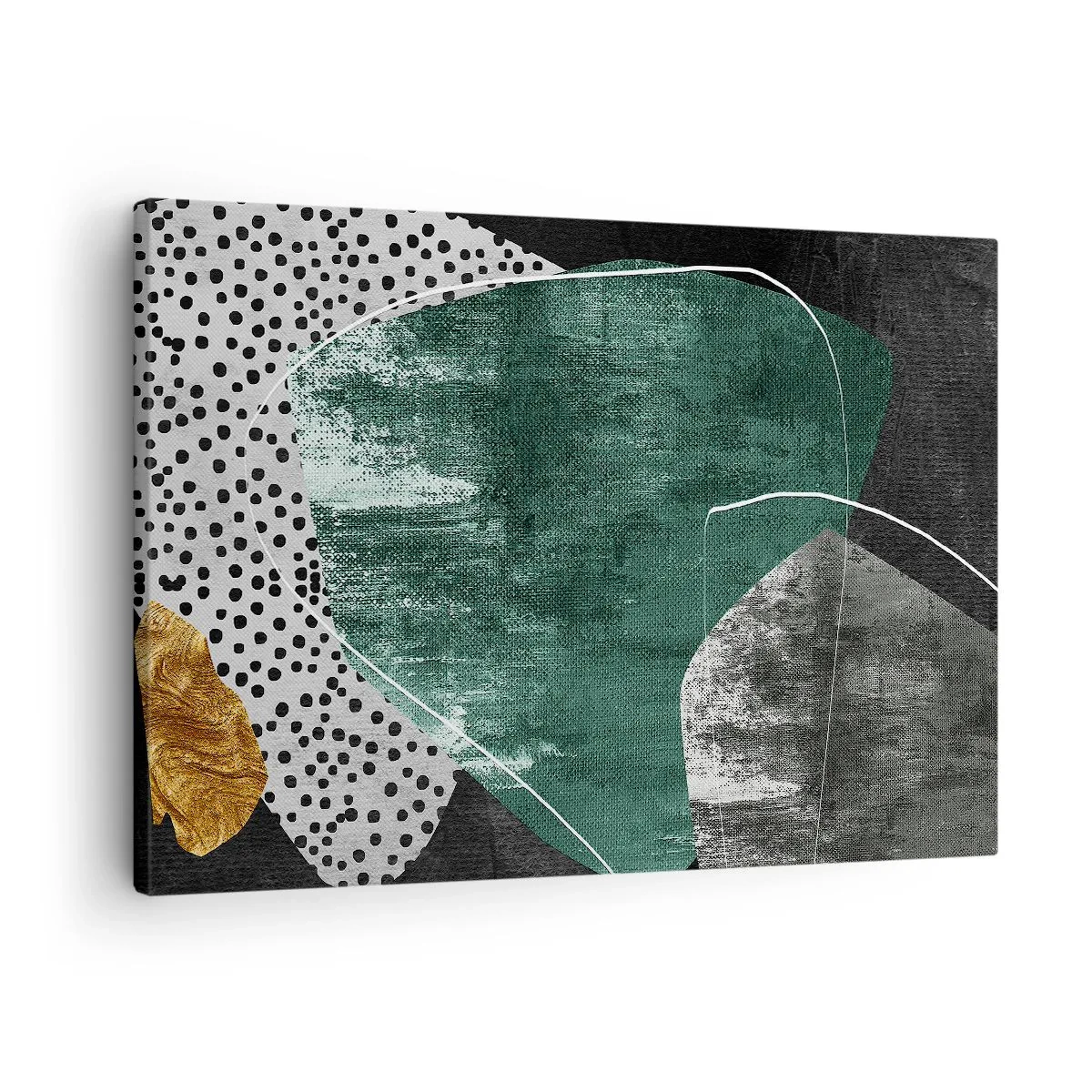 Tablou pe pânză Canvas - Compoziție abstractă cu forme verzi și modele de puncte - 70x50cm - Abstracție colorată cu fulgi de aur - Decorațiune modernă pentru perete pentru living și dormitor ARTTOR