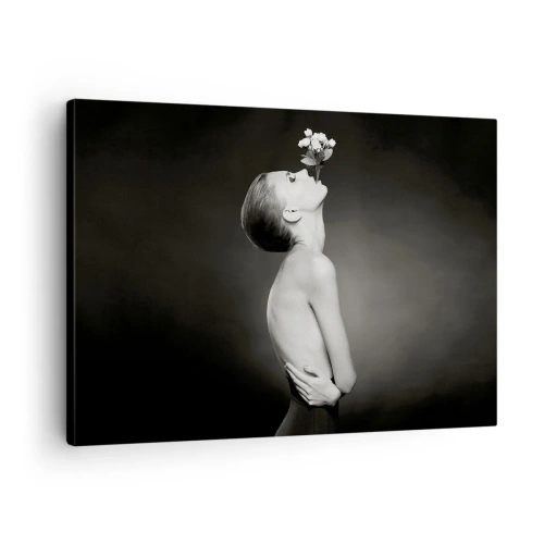 Tablou pe pânză Canvas - Siluetă alb-negru a unei femei cu o floare - 70x50cm - Eleganță excentrică - Decorațiune modernă pentru perete pentru living și dormitor ARTTOR