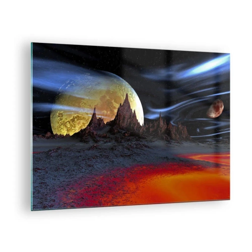 Tablou pe sticlă - Peisaj extraterestru cu o planetă și un cer colorat - 70x50cm - Lumea necunoscută - Decorațiune modernă pentru perete pentru living și dormitor ARTTOR
