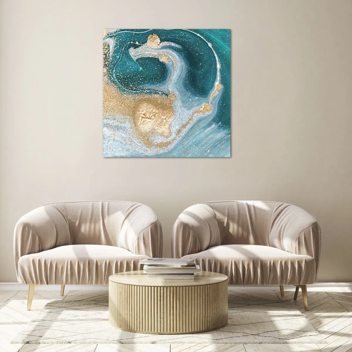 Tablou pe sticlă - Vârtej de aur și turcoaz - 30x30 cm