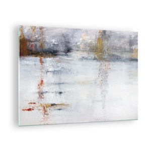 Tablou pe sticlă - O pictură abstractă care prezintă o combinație subtilă de gri, alb și auriu. - 70x50cm - În spatele cortinei de aer - Decorațiune modernă pentru perete pentru living și dormitor ARTTOR
