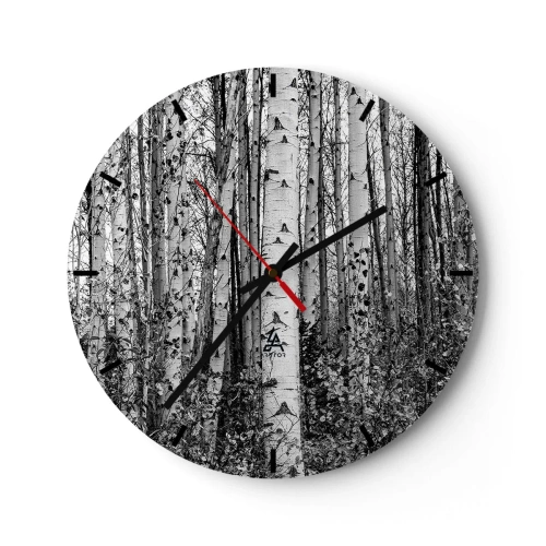Ceas de perete - Ceas pe sticlă - Pădure de mesteacăn alb-negru în stil minimalist - 30x30cm - Coloane de mesteacăn - Decorațiune modernă pentru perete pentru living, bucătărie și dormitor ARTTOR