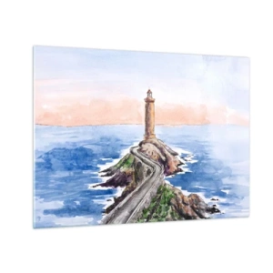 Tablou pe sticlă - Un far pe un promontoriu stâncos înconjurat de o mare calmă - 70x50cm - Cu fața la mare - Decorațiune modernă pentru perete pentru living și dormitor ARTTOR