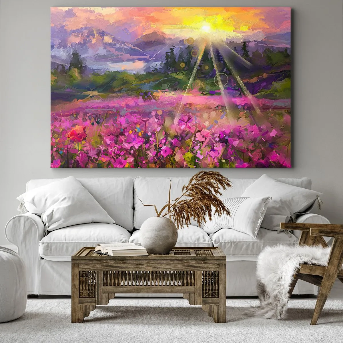 Tablou pe pânză Canvas - O pajiște pitorească în razele soarelui care apune - 70x50cm - Într-o vale sub protecția soarelui - Decorațiune modernă pentru perete pentru living și dormitor ARTTOR