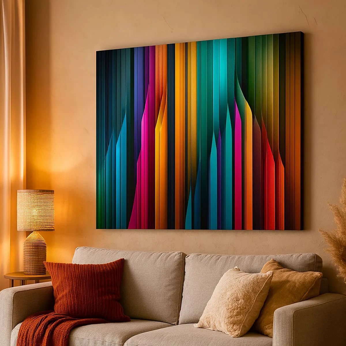 Tablou pe pânză Canvas - Liniile verticale colorate creează o abstracție dinamică. - 70x50cm - Orgă de lumină - Decorațiune modernă pentru perete pentru living și dormitor ARTTOR