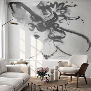 Tapet Premium Canvas - Dama cu caracter - Femeie În pălărie, Chipul de femeie, alb-negru - 500x350 cm