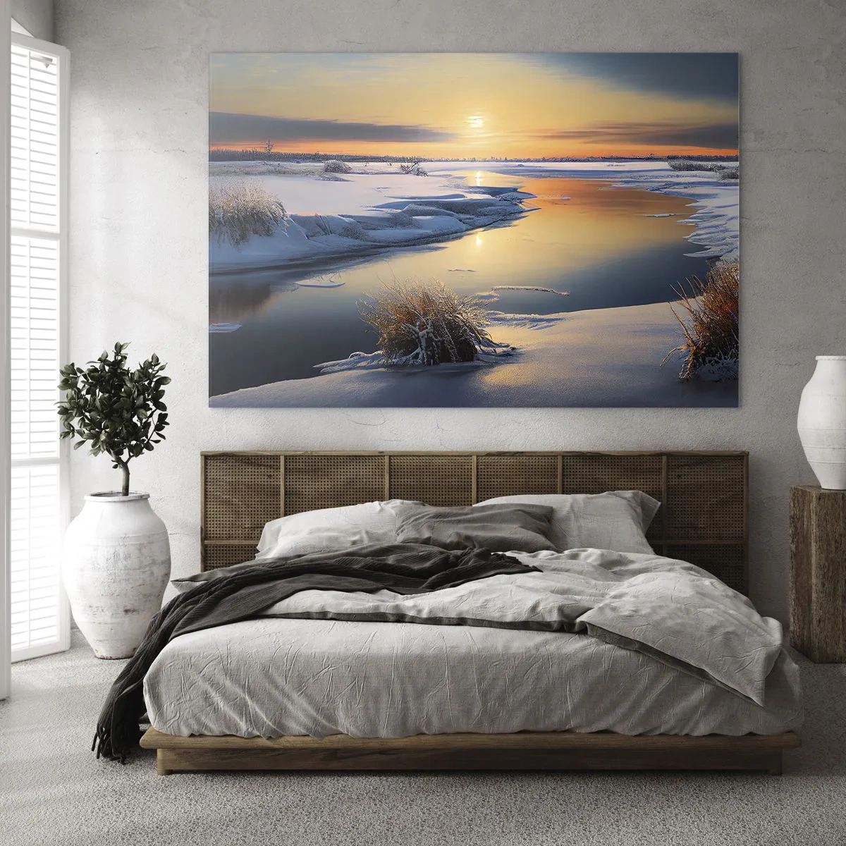 Tablou pe sticlă - Peisaj de iarnă cu apus de soare peste un râu înghețat - 70x50cm - Apus de soare pe timp de iarnă - Decorațiune modernă pentru perete pentru living și dormitor ARTTOR