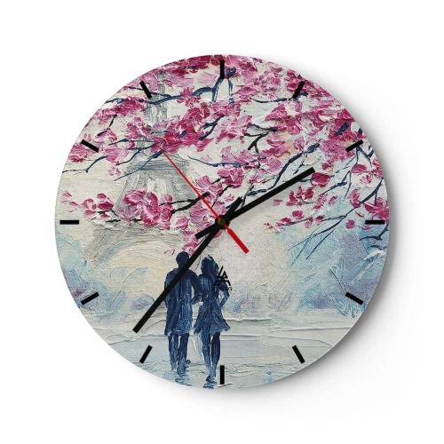 Ceas de perete - Ceas pe sticlă - O imagine romantică a unui cuplu sub copaci roz înfloriți - 30x30cm - Plimbare romantică - Decorațiune modernă pentru perete pentru living, bucătărie și dormitor ARTTOR