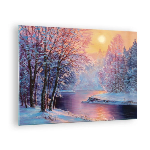 Tablou pe sticlă - Peisaj de iarnă cu un râu și un apus de soare - 70x50cm - Culorile iernii - Decorațiune modernă pentru perete pentru living și dormitor ARTTOR