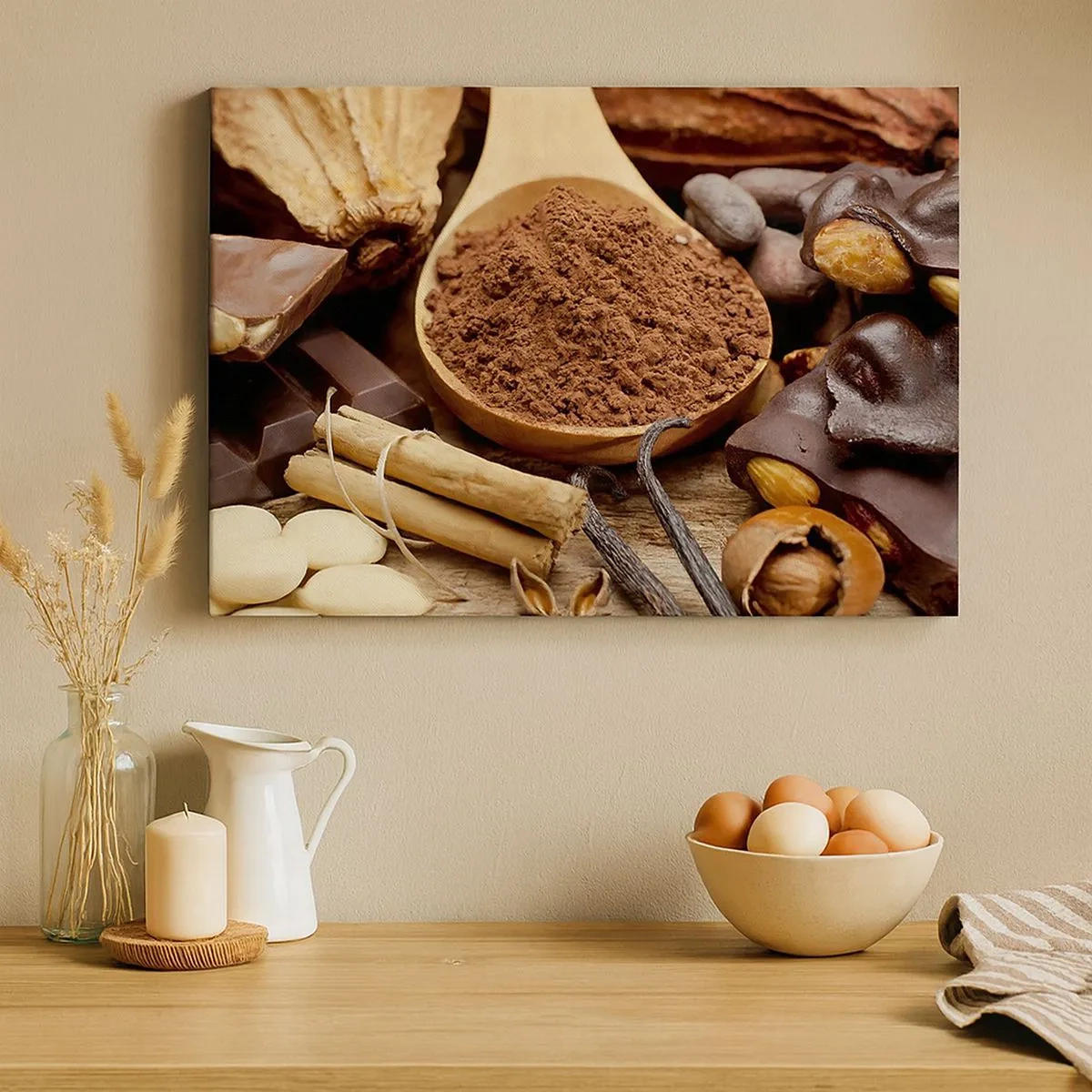 Tablou pe pânză Canvas - O lingură de ingrediente de cacao și ciocolată într-un aranjament rustic - 70x50cm - Cea mai bună pentru tristețe - Decorațiune modernă pentru perete pentru living și dormitor ARTTOR