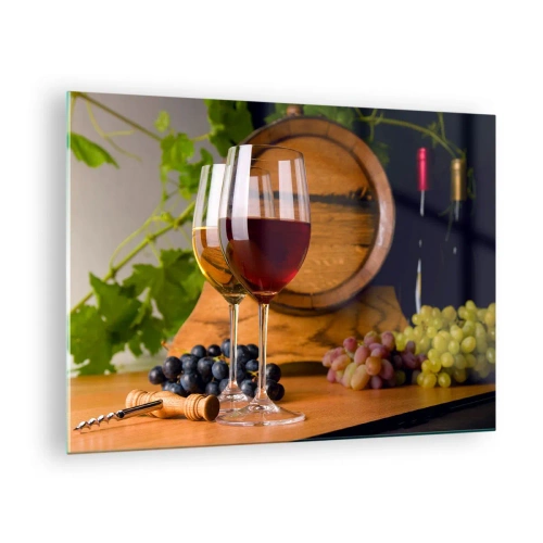 Tablou pe sticlă - Pahare de vin, struguri și un butoi pe un fundal de frunze de viță - 70x50cm - Ca la vechii maeștri - Decorațiune modernă pentru perete pentru living și dormitor ARTTOR