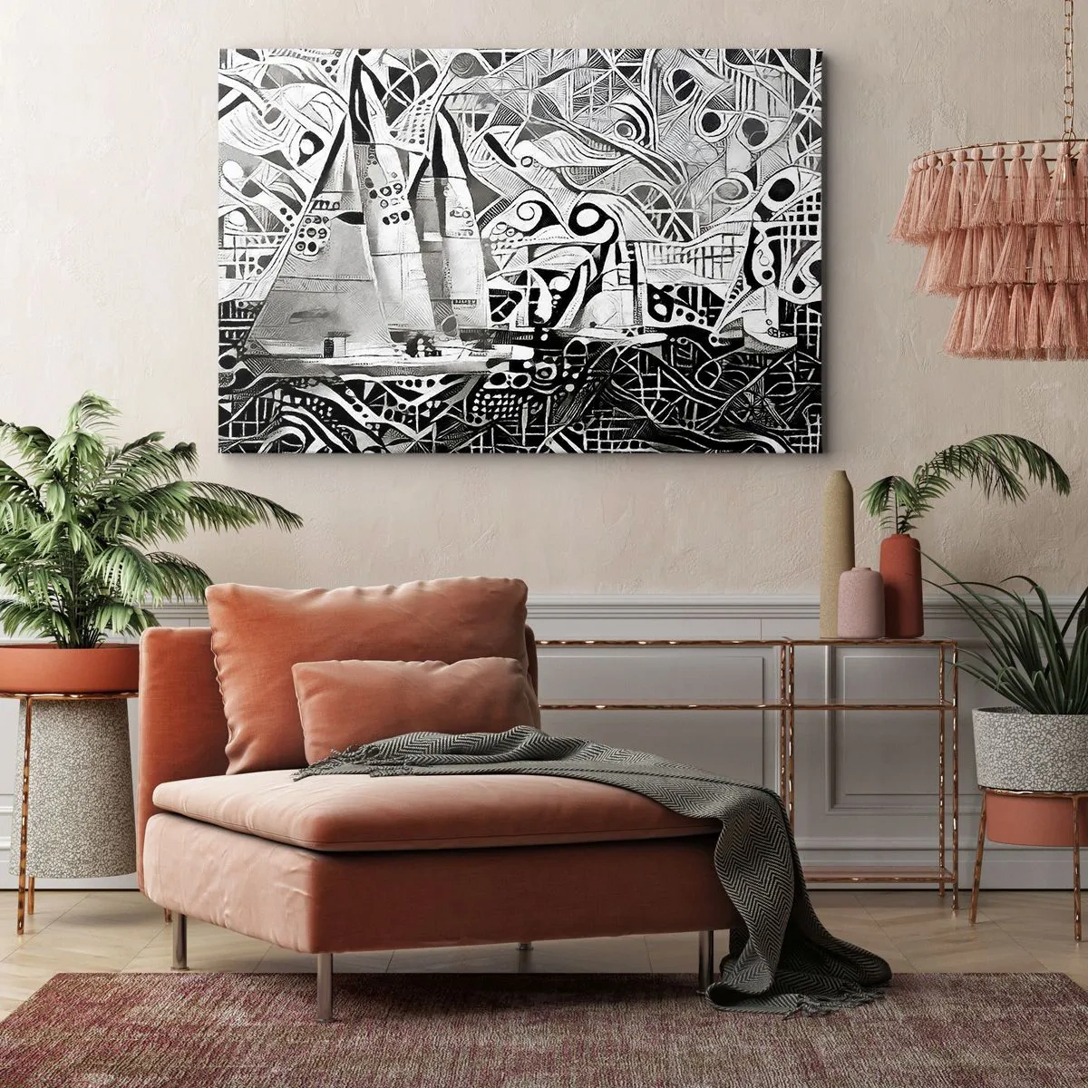Tablou pe pânză Canvas - Pânze abstracte într-o compoziție monocromatică - 70x50cm - Între valuri - Decorațiune modernă pentru perete pentru living și dormitor ARTTOR