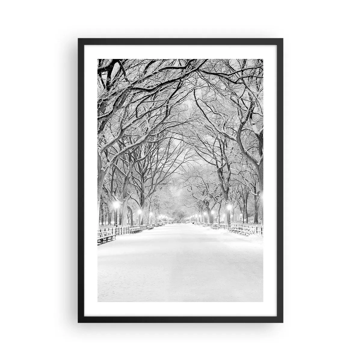 Poster în ramă neagră - O alee de iarnă cu copaci acoperiți de zăpadă în parc - 50x70cm - Cele patru anotimpuri – iarna - Decorațiune modernă pentru perete pentru living și dormitor ARTTOR