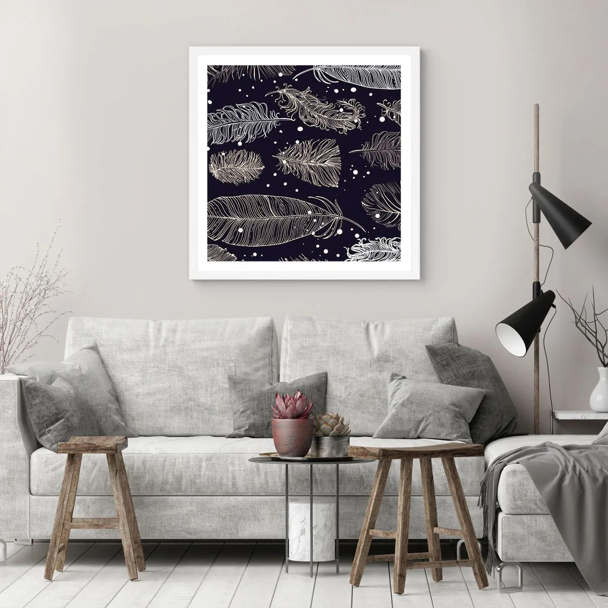 Poster în ramă albă - Dantelă cu pene - 50x50 cm