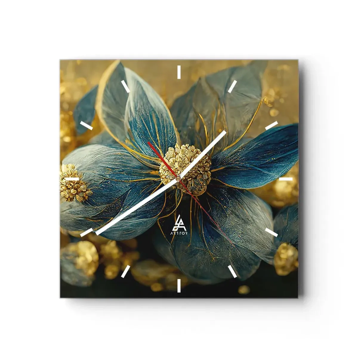Ceas de perete - Ceas pe sticlă - Floare cu aur - 30x30 cm