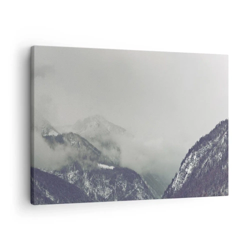 Tablou pe pânză Canvas - O vale de munte învăluită în ceață în nuanțe de gri - 70x50cm - Valea cețoasă - Decorațiune modernă pentru perete pentru living și dormitor ARTTOR