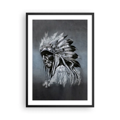 Poster în ramă neagră - Portretul unui șef indian într-o coafură din pene pe un fundal gri - 50x70cm - Înapoi la rădăcini - Decorațiune modernă pentru perete pentru living și dormitor ARTTOR