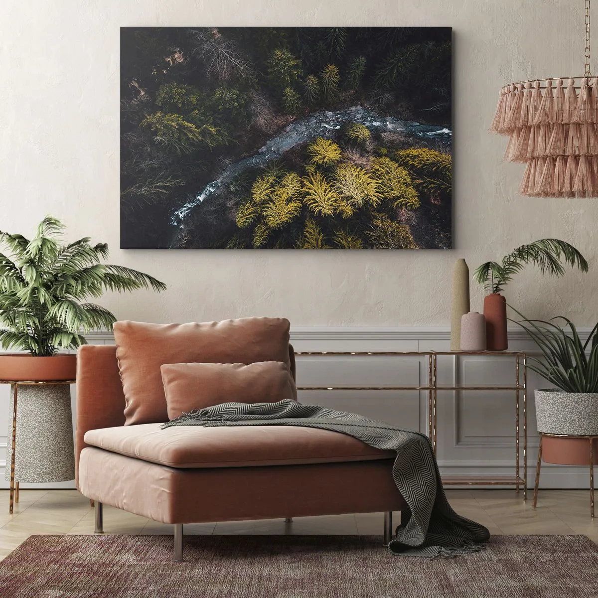 Tablou pe pânză Canvas - O vedere de sus a unei păduri cu un râu șerpuitor - 70x50cm - Rapid și mai rapid - Decorațiune modernă pentru perete pentru living și dormitor ARTTOR