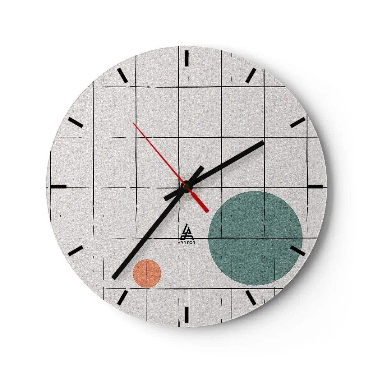 Ceas de perete - Ceas pe sticlă - O grilă de verticale și orizontale cu cercuri colorate pe fundal - 30x30cm - În capcană. Noi sau ele? - Decorațiune modernă pentru perete pentru living, bucătărie și dormitor ARTTOR