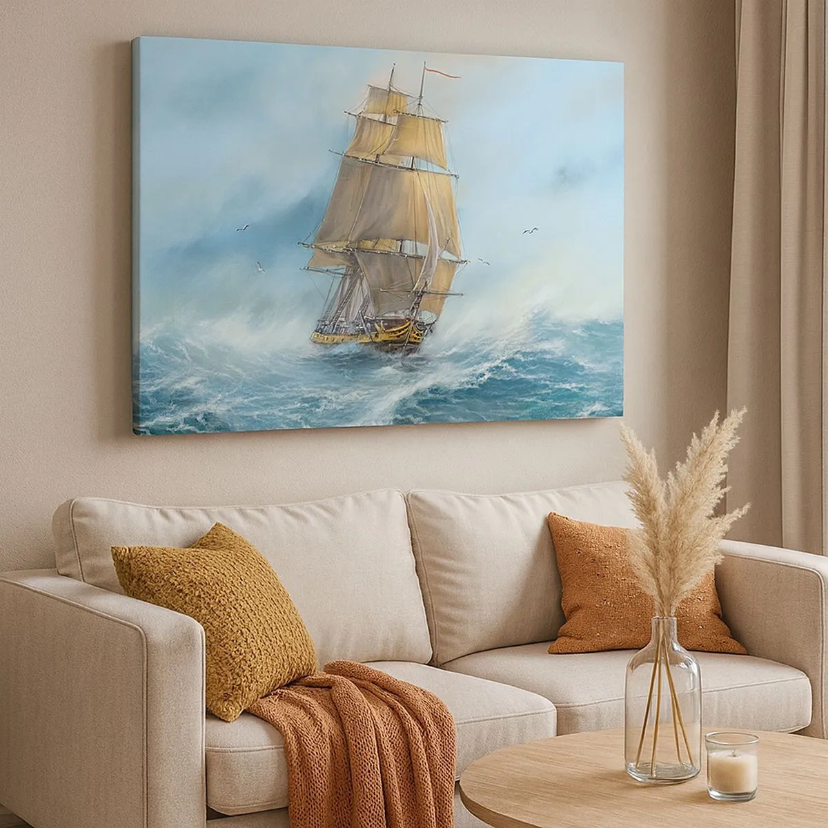 Tablou pe pânză Canvas - O corabie cu pânze pe o mare furtunoasă - 70x50cm - Rulează pe valuri - Decorațiune modernă pentru perete pentru living și dormitor ARTTOR
