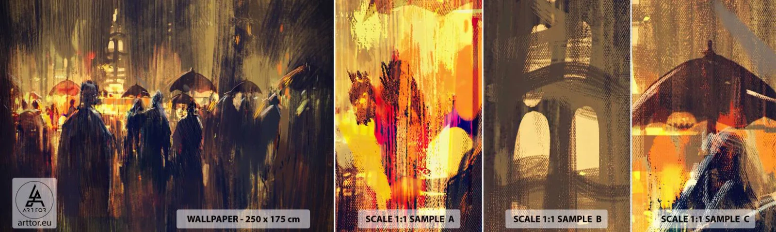 Mostră tapet autocolant Deluxe Sticker - Urmașii ploii - Oraș, oameni, Umbrelă - 100x30 cm