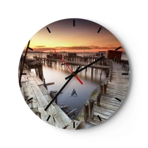 Ceas de perete - Ceas pe sticlă - Dig pitoresc la apus - 30x30cm - Autentic, nu o atracție turistică - Decorațiune modernă pentru perete pentru living, bucătărie și dormitor ARTTOR